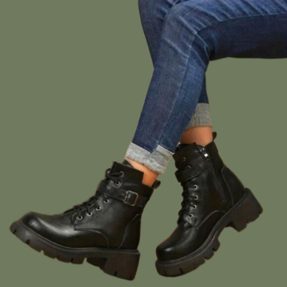 Ladies Black Chunky Ankle Combat Boots